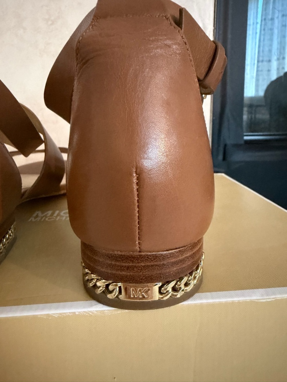 Michael Kors Sabrina Brown Leather Strappy Sandals with Gold Chain Accent - Picture 7 of 10
